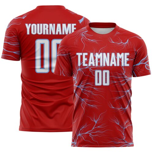 Custom Red White-Light Blue Lightning Electric Veins Sublimation Soccer Uniform Jersey