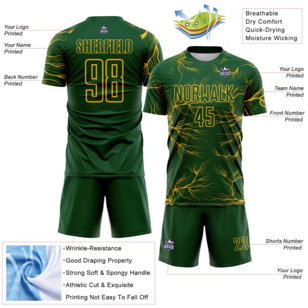 Custom Green Gold Lightning Electric Veins Sublimation Soccer Uniform Jersey