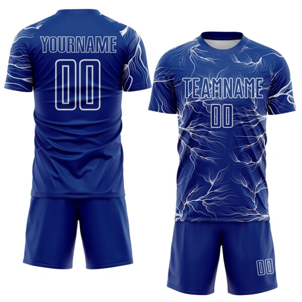 Custom Royal White Lightning Electric Veins Sublimation Soccer Uniform Jersey