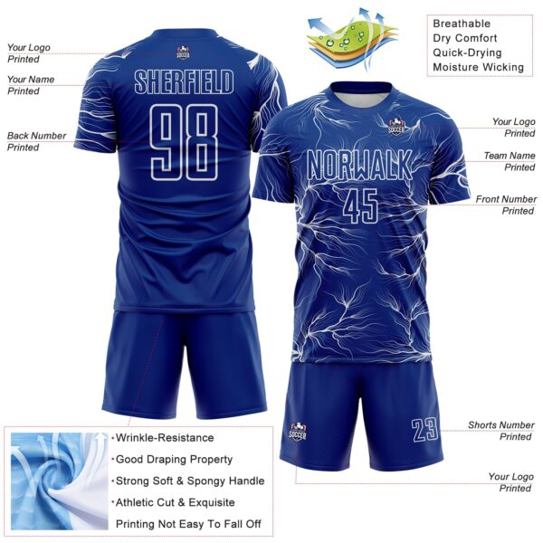 Custom Royal White Lightning Electric Veins Sublimation Soccer Uniform Jersey