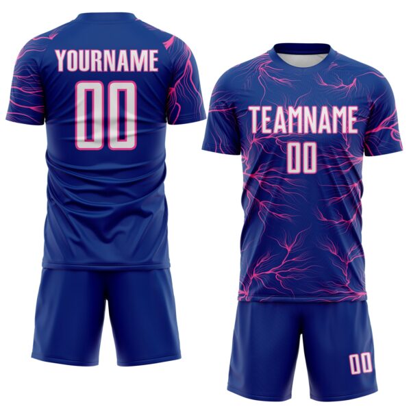 Custom Royal White-Pink Lightning Electric Veins Sublimation Soccer Uniform Jersey