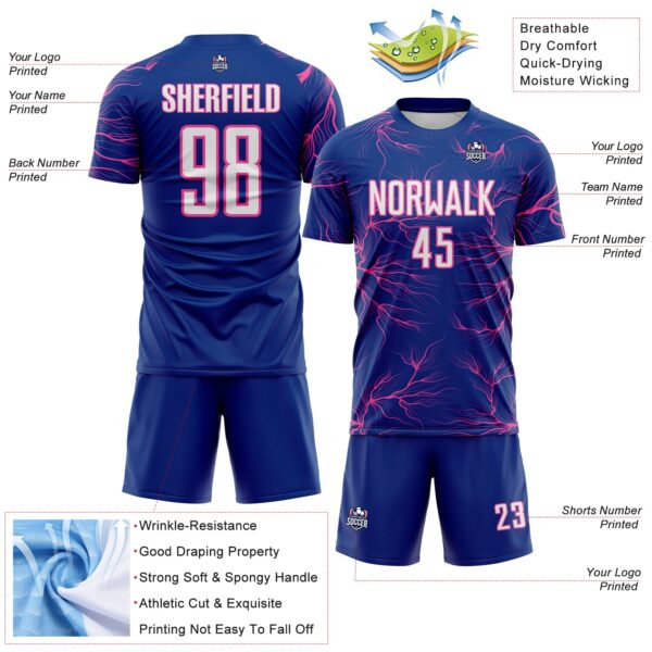 Custom Royal White-Pink Lightning Electric Veins Sublimation Soccer Uniform Jersey