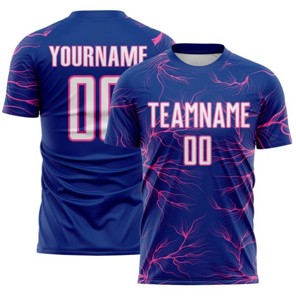 Custom Royal White-Pink Lightning Electric Veins Sublimation Soccer Uniform Jersey