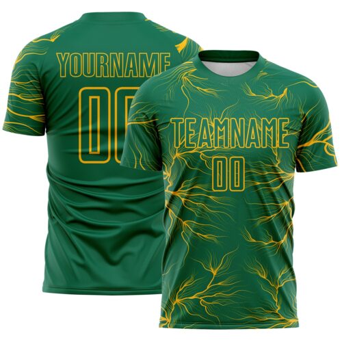 Custom Kelly Green Gold Lightning Electric Veins Sublimation Soccer Uniform Jersey