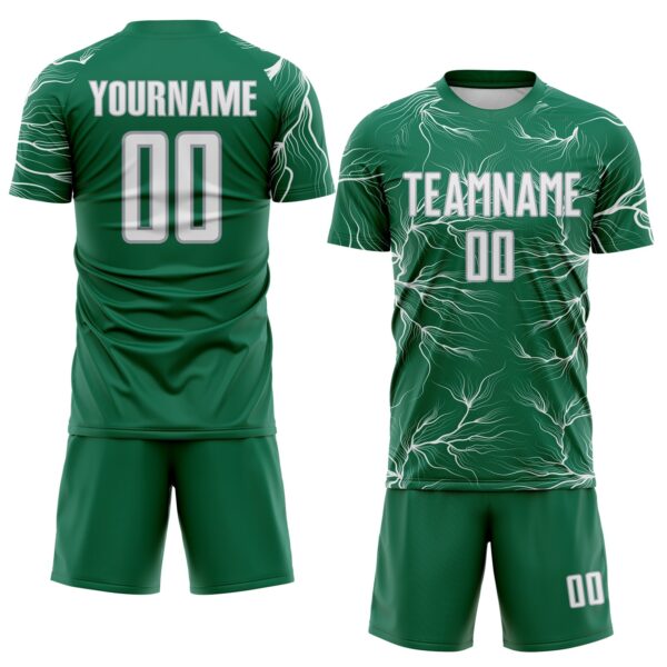 Custom Kelly Green White-Gray Lightning Electric Veins Sublimation Soccer Uniform Jersey