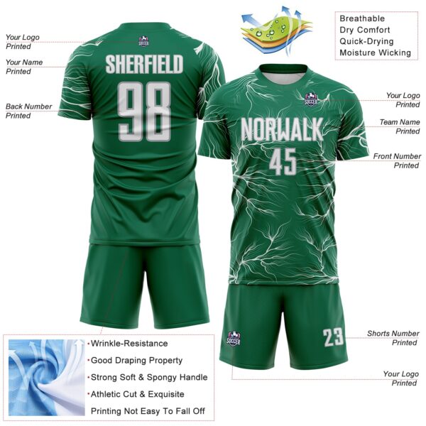 Custom Kelly Green White-Gray Lightning Electric Veins Sublimation Soccer Uniform Jersey