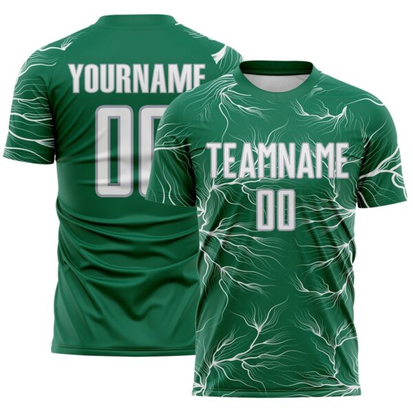 Custom Kelly Green White-Gray Lightning Electric Veins Sublimation Soccer Uniform Jersey