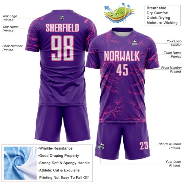 Custom Purple White-Pink Lightning Electric Veins Sublimation Soccer Uniform Jersey