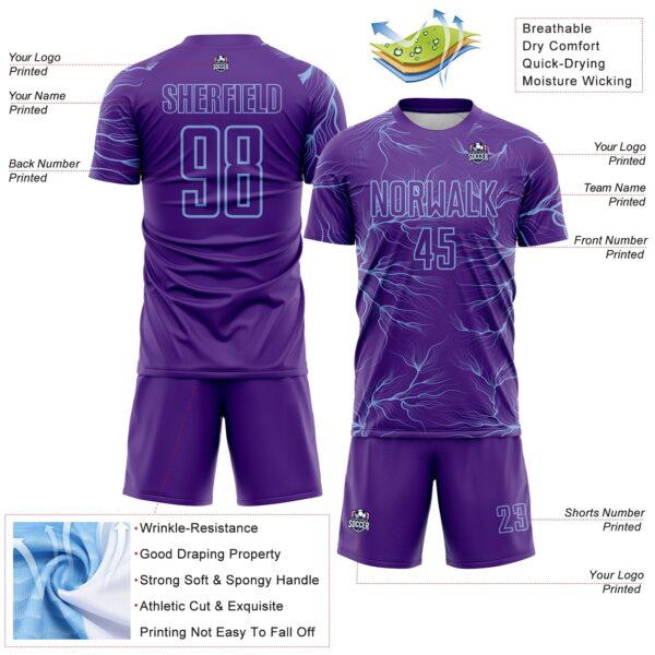 Custom Purple Light Blue Lightning Electric Veins Sublimation Soccer Uniform Jersey