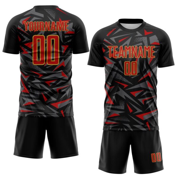 Custom Black Red Old Gold-Steel Gray Cyber Mecha E-sport Geometric Shards Spike Sublimation Soccer Uniform Jersey