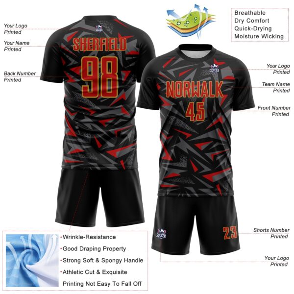 Custom Black Red Old Gold-Steel Gray Cyber Mecha E-sport Geometric Shards Spike Sublimation Soccer Uniform Jersey