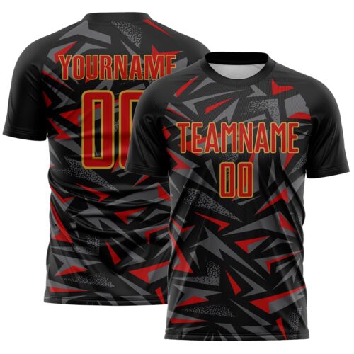 Custom Black Red Old Gold-Steel Gray Cyber Mecha E-sport Geometric Shards Spike Sublimation Soccer Uniform Jersey