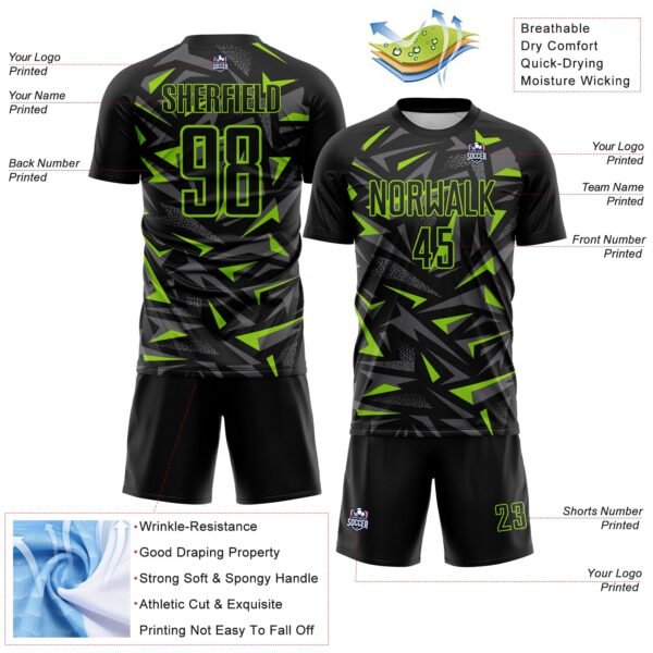 Custom Black Neon Green-Steel Gray Cyber Mecha E-sport Geometric Shards Spike Sublimation Soccer Uniform Jersey