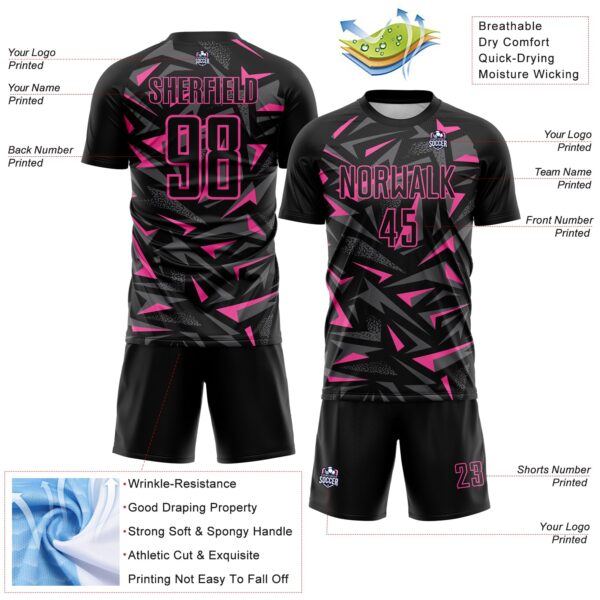 Custom Black Pink-Steel Gray Cyber Mecha E-sport Geometric Shards Spike Sublimation Soccer Uniform Jersey