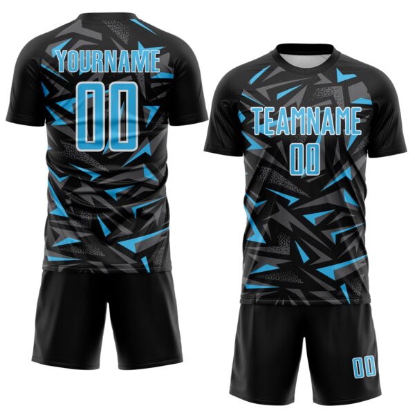 Custom Black Sky Blue Steel Gray-White Cyber Mecha E-sport Geometric Shards Spike Sublimation Soccer Uniform Jersey
