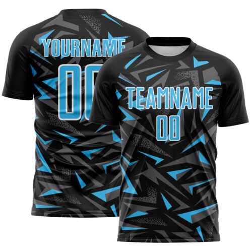 Custom Black Sky Blue Steel Gray-White Cyber Mecha E-sport Geometric Shards Spike Sublimation Soccer Uniform Jersey