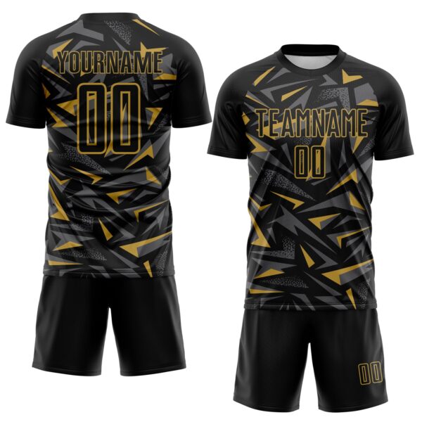 Custom Black Old Gold-Steel Gray Cyber Mecha E-sport Geometric Shards Spike Sublimation Soccer Uniform Jersey