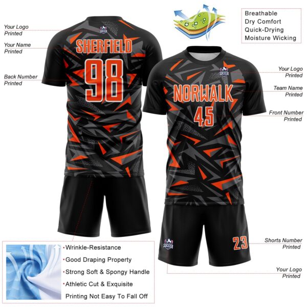 Custom Black Orange Steel Gray-White Cyber Mecha E-sport Geometric Shards Spike Sublimation Soccer Uniform Jersey