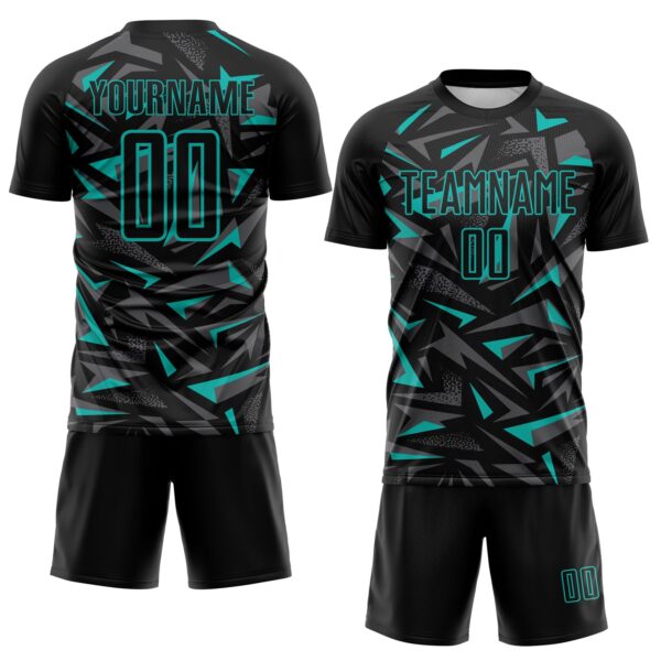 Custom Black Aqua-Steel Gray Cyber Mecha E-sport Geometric Shards Spike Sublimation Soccer Uniform Jersey