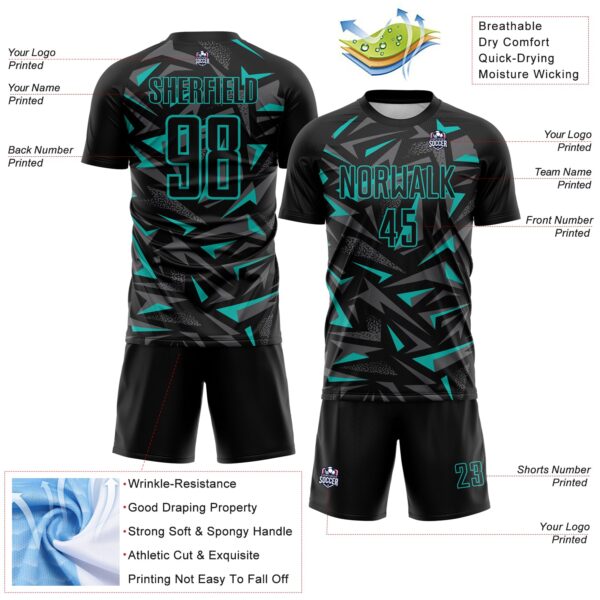 Custom Black Aqua-Steel Gray Cyber Mecha E-sport Geometric Shards Spike Sublimation Soccer Uniform Jersey