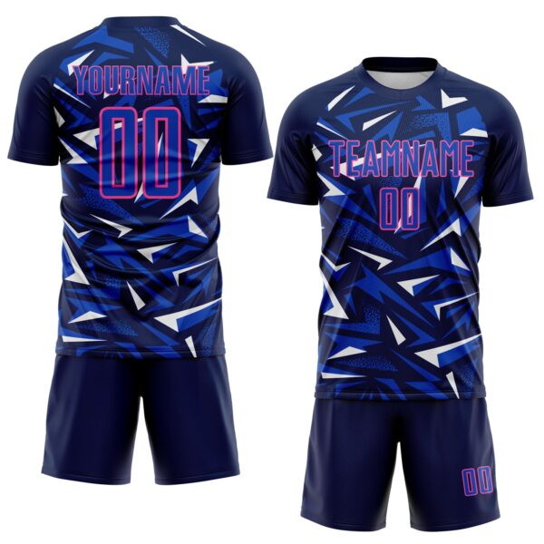 Custom Navy Thunder Blue Pink-White Cyber Mecha E-sport Geometric Shards Spike Sublimation Soccer Uniform Jersey