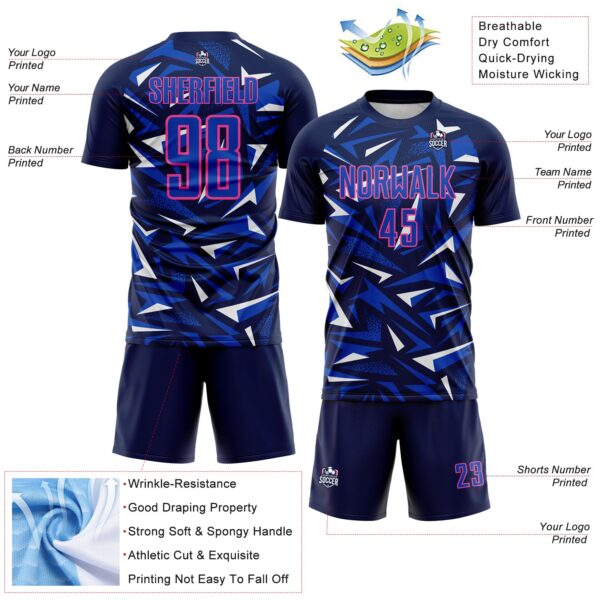 Custom Navy Thunder Blue Pink-White Cyber Mecha E-sport Geometric Shards Spike Sublimation Soccer Uniform Jersey