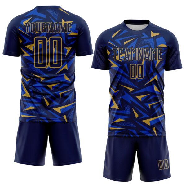 Custom Navy Old Gold-Thunder Blue Cyber Mecha E-sport Geometric Shards Spike Sublimation Soccer Uniform Jersey