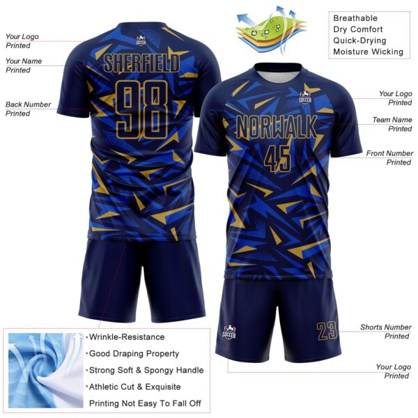 Custom Navy Old Gold-Thunder Blue Cyber Mecha E-sport Geometric Shards Spike Sublimation Soccer Uniform Jersey
