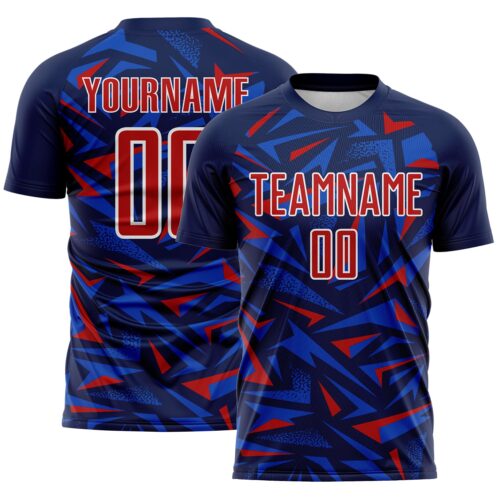 Custom Navy Red Thunder Blue-White Cyber Mecha E-sport Geometric Shards Spike Sublimation Soccer Uniform Jersey