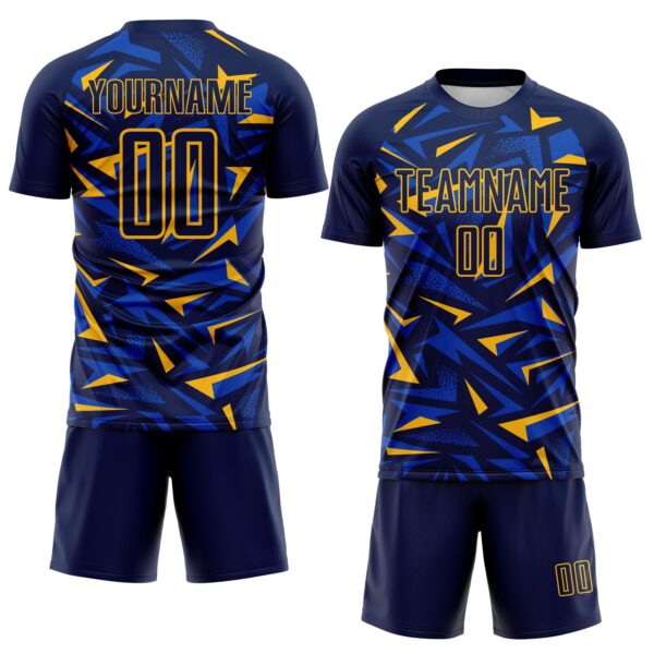 Custom Navy Gold-Thunder Blue Cyber Mecha E-sport Geometric Shards Spike Sublimation Soccer Uniform Jersey