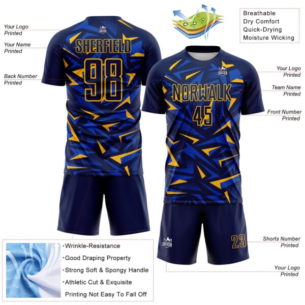 Custom Navy Gold-Thunder Blue Cyber Mecha E-sport Geometric Shards Spike Sublimation Soccer Uniform Jersey