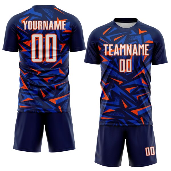 Custom Navy White Orange-Thunder Blue Cyber Mecha E-sport Geometric Shards Spike Sublimation Soccer Uniform Jersey
