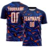 Custom Navy White Orange-Thunder Blue Cyber Mecha E-sport Geometric Shards Spike Sublimation Soccer Uniform Jersey