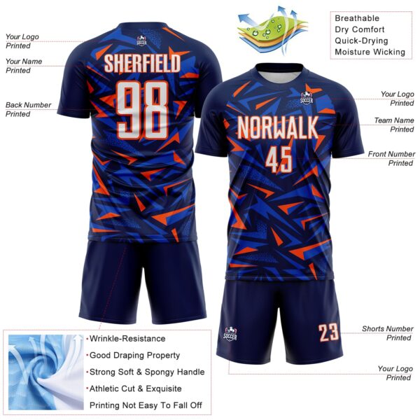 Custom Navy White Orange-Thunder Blue Cyber Mecha E-sport Geometric Shards Spike Sublimation Soccer Uniform Jersey