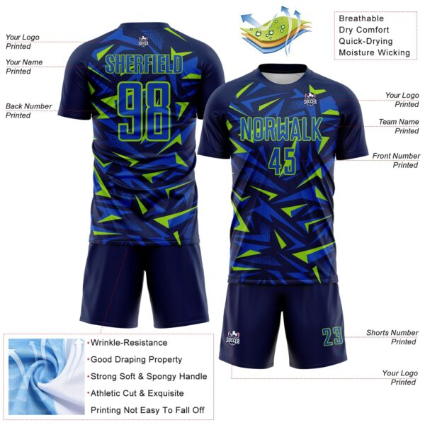 Custom Navy Thunder Blue-Neon Green Cyber Mecha E-sport Geometric Shards Spike Sublimation Soccer Uniform Jersey