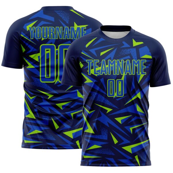 Custom Navy Thunder Blue-Neon Green Cyber Mecha E-sport Geometric Shards Spike Sublimation Soccer Uniform Jersey