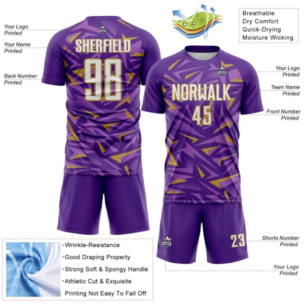 Custom Purple White Old Gold-Medium Purple Cyber Mecha E-sport Geometric Shards Spike Sublimation Soccer Uniform Jersey