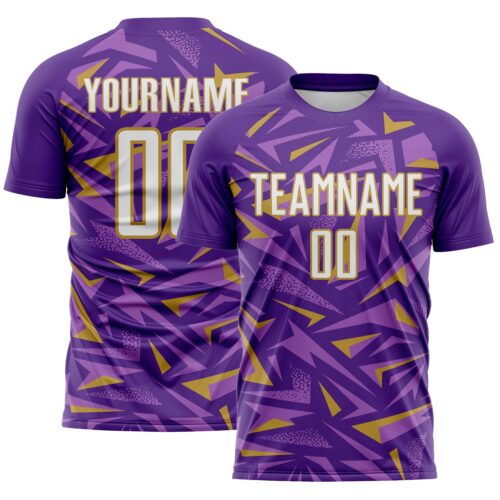 Custom Purple White Old Gold-Medium Purple Cyber Mecha E-sport Geometric Shards Spike Sublimation Soccer Uniform Jersey
