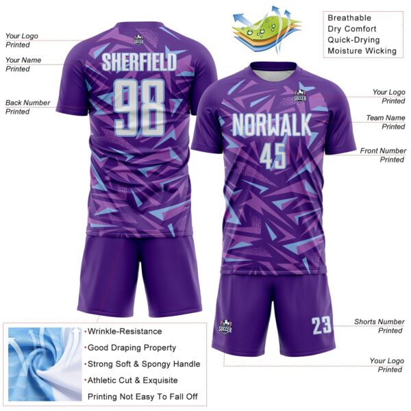 Custom Purple White Light Blue-Medium Purple Cyber Mecha E-sport Geometric Shards Spike Sublimation Soccer Uniform Jersey