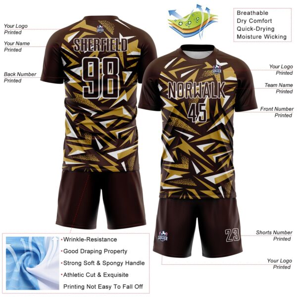 Custom Brown Old Gold-White Cyber Mecha E-sport Geometric Shards Spike Sublimation Soccer Uniform Jersey