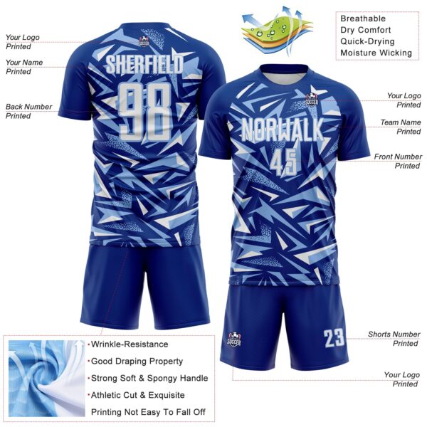 Custom Royal White-Light Blue Cyber Mecha E-sport Geometric Shards Spike Sublimation Soccer Uniform Jersey