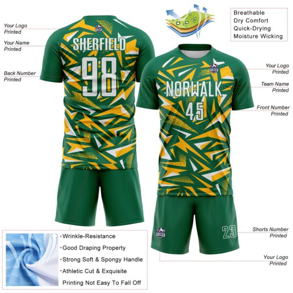 Custom Kelly Green White-Gold Cyber Mecha E-sport Geometric Shards Spike Sublimation Soccer Uniform Jersey