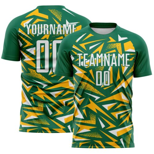 Custom Kelly Green White-Gold Cyber Mecha E-sport Geometric Shards Spike Sublimation Soccer Uniform Jersey