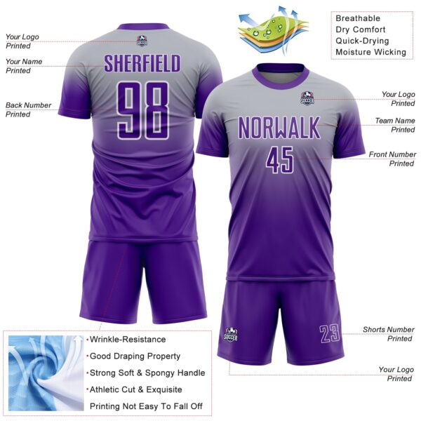 Custom Gray Purple-White Fade Fashion Sublimation Soccer Uniform Jersey