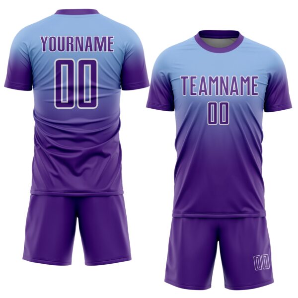 Custom Light Blue Purple-White Fade Fashion Sublimation Soccer Uniform Jersey