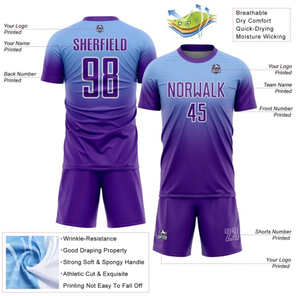 Custom Light Blue Purple-White Fade Fashion Sublimation Soccer Uniform Jersey