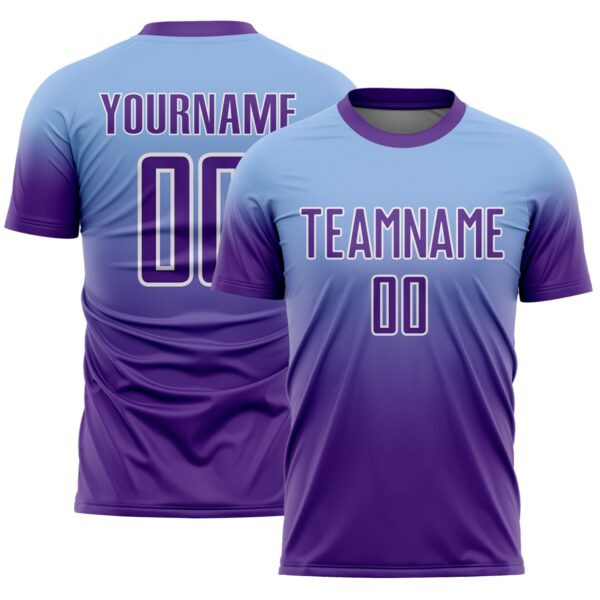 Custom Light Blue Purple-White Fade Fashion Sublimation Soccer Uniform Jersey