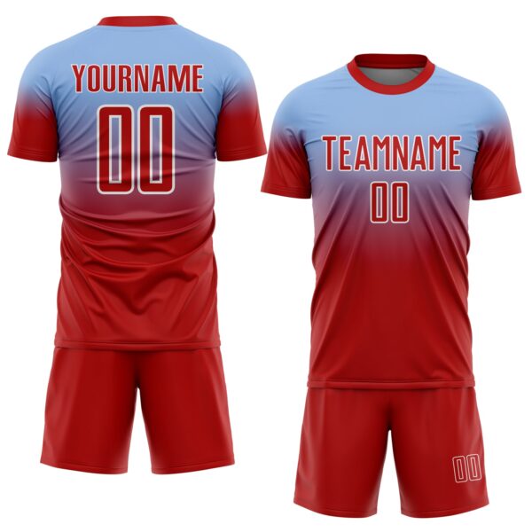 Custom Light Blue Red-White Fade Fashion Sublimation Soccer Uniform Jersey