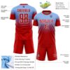 Custom Light Blue Red-White Fade Fashion Sublimation Soccer Uniform Jersey