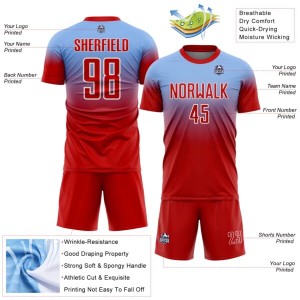 Custom Light Blue Red-White Fade Fashion Sublimation Soccer Uniform Jersey